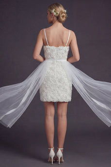 White Floral Spaghetti Straps Boho Bodycon Short Wedding Reception Dress with Cape