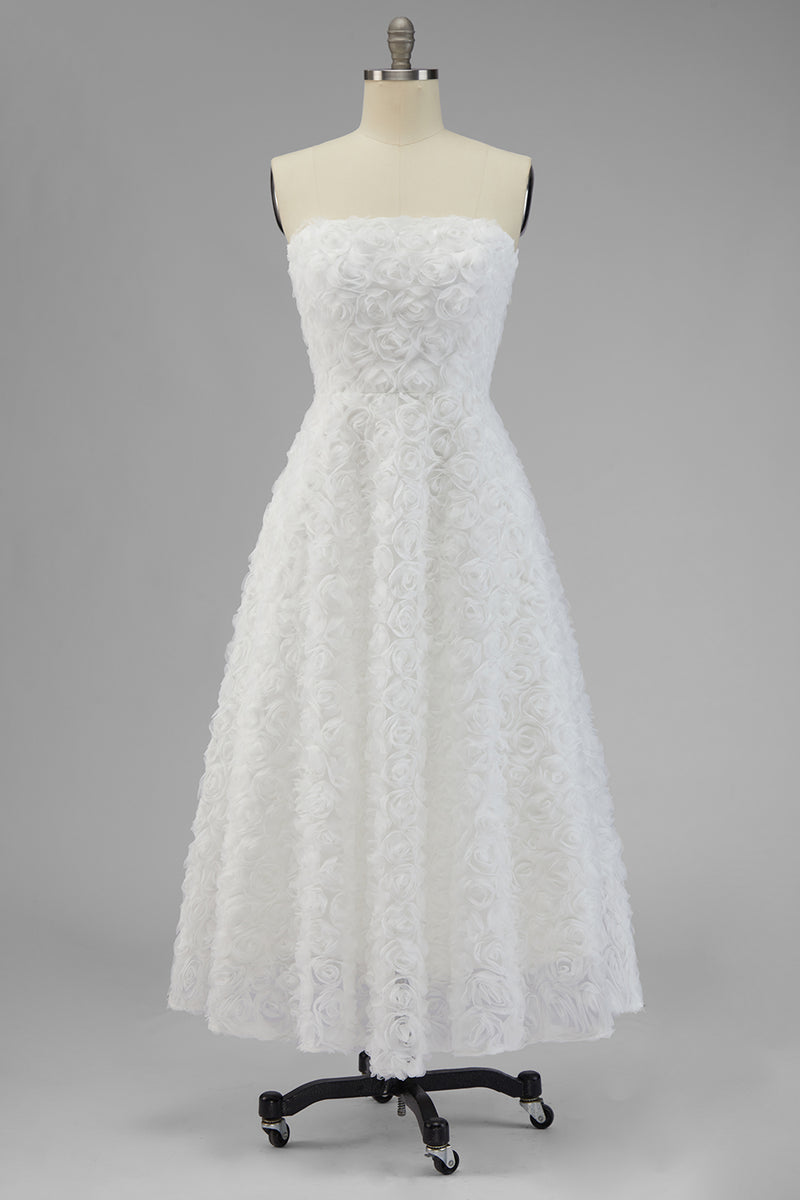Load image into Gallery viewer, White Strapless A Line Boho Maxi Wedding Reception Dress with 3D Flowers