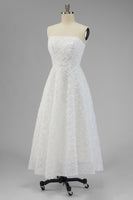 Load image into Gallery viewer, White Strapless A Line Boho Maxi Wedding Reception Dress with 3D Flowers