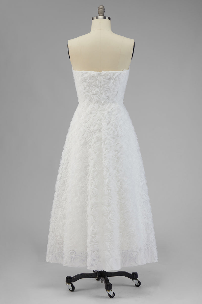 Load image into Gallery viewer, White Strapless A Line Boho Maxi Wedding Reception Dress with 3D Flowers