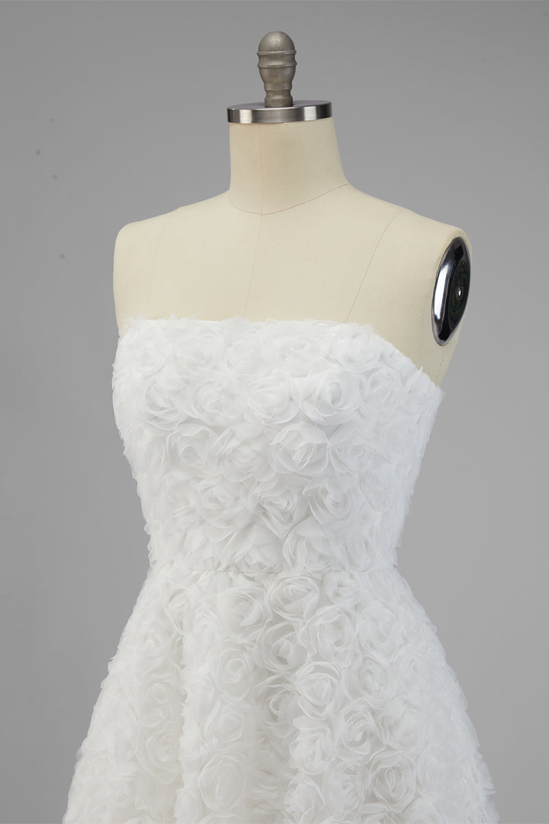 Load image into Gallery viewer, White Strapless A Line Boho Maxi Wedding Reception Dress with 3D Flowers