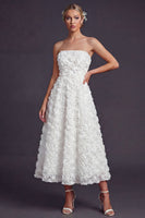 Load image into Gallery viewer, White Strapless A Line Boho Maxi Wedding Reception Dress with 3D Flowers