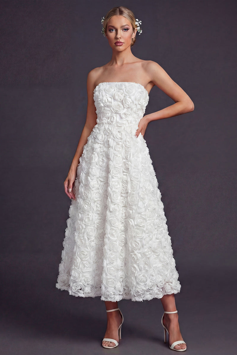 Load image into Gallery viewer, White Strapless A Line Boho Maxi Wedding Reception Dress with 3D Flowers