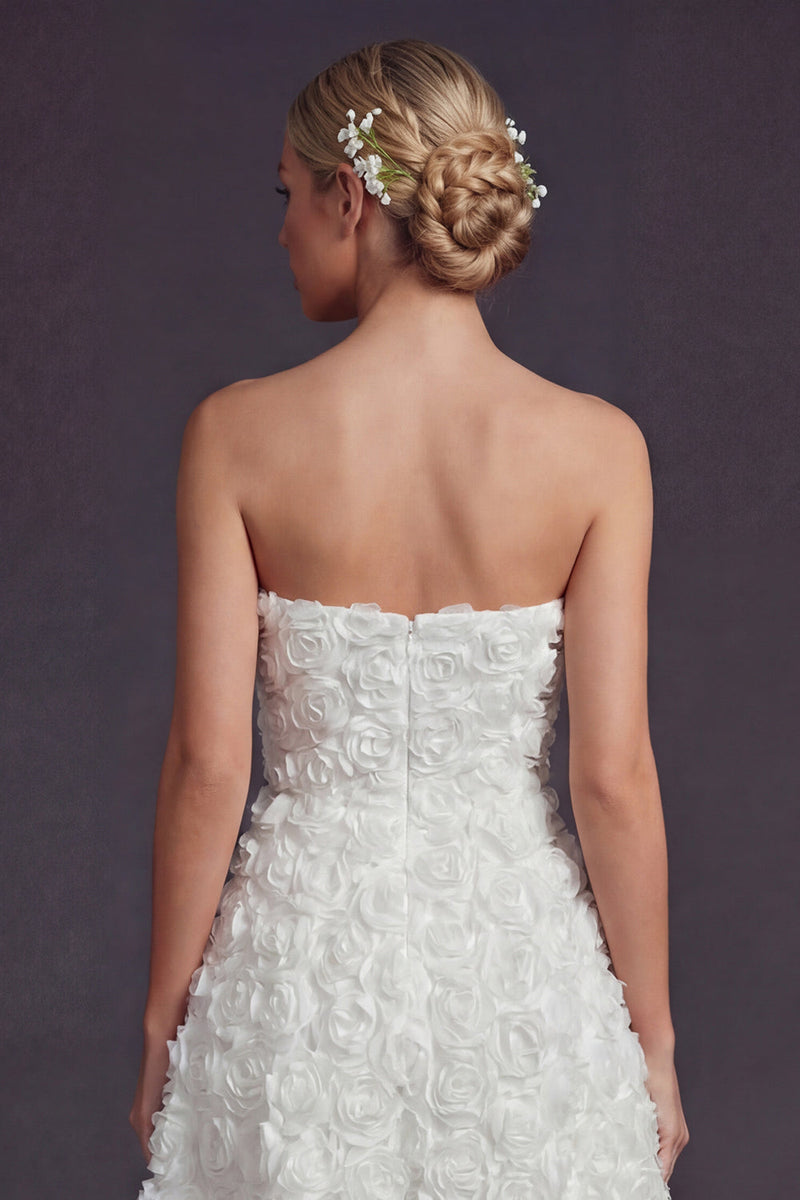 Load image into Gallery viewer, White Strapless A Line Boho Maxi Wedding Reception Dress with 3D Flowers