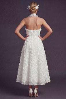 White Halter A Line Ruffled Boho Maxi Wedding Reception Dress with 3D Flowers