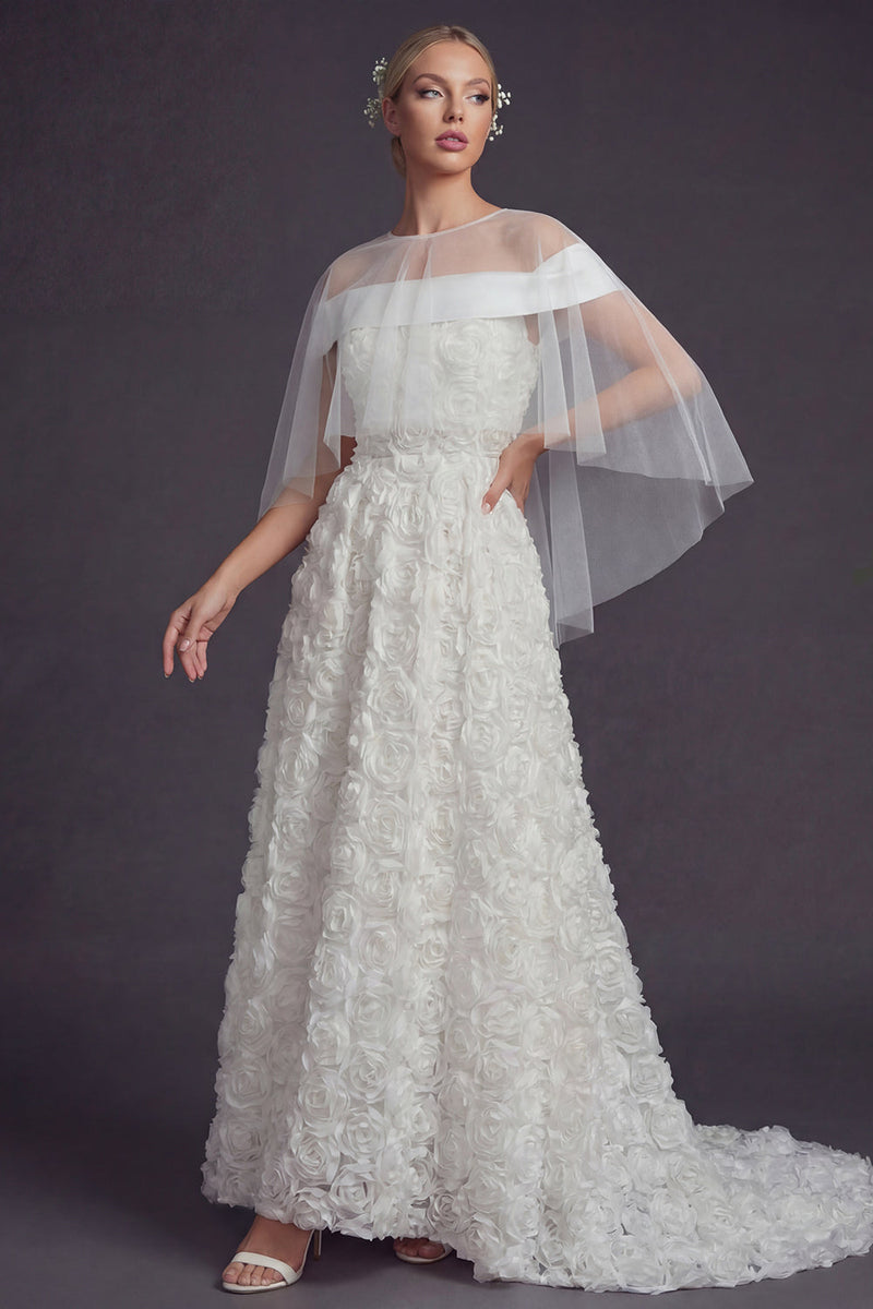 Load image into Gallery viewer, White Sweep Train Floral A Line Wedding Reception Dress with Cape