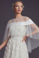 Load image into Gallery viewer, White Sweep Train Floral A Line Wedding Reception Dress with Cape
