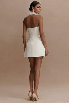 White A Line Halter Short Graduation Dress with Ruffles