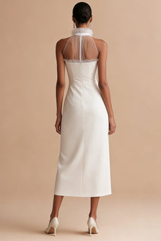 White Round Neck Ruffled Sheath Maxi Engagement Dress