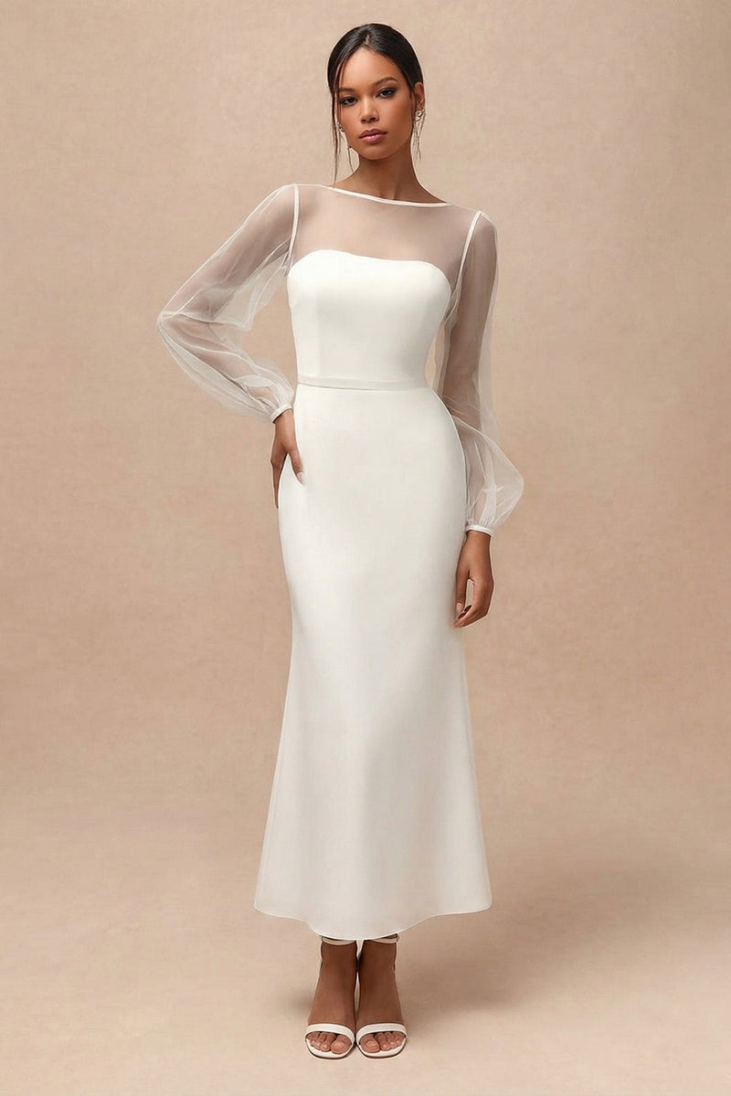Load image into Gallery viewer, White Bateau Neck Mermaid Long Engagement Dress with Sleeves