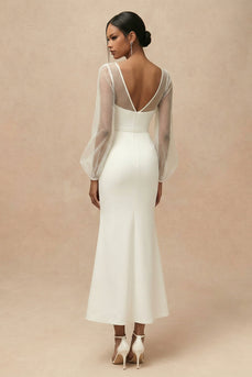 White Bateau Neck Mermaid Long Engagement Dress with Sleeves