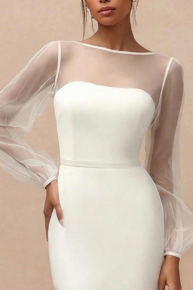 Load image into Gallery viewer, White Bateau Neck Mermaid Long Engagement Dress with Sleeves