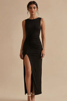 Load image into Gallery viewer, White Boat Neck Ruched Maxi Sheath Engagement Dress with Slit