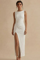Load image into Gallery viewer, White Boat Neck Ruched Maxi Sheath Engagement Dress with Slit