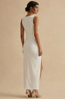 Load image into Gallery viewer, White Boat Neck Ruched Maxi Sheath Engagement Dress with Slit