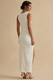 White Boat Neck Ruched Maxi Sheath Engagement Dress with Slit