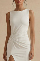 Load image into Gallery viewer, White Boat Neck Ruched Maxi Sheath Engagement Dress with Slit