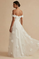 Load image into Gallery viewer, White Off the Shoulder Floral Long Corset Wedding Reception Dress with Slit
