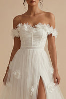 Load image into Gallery viewer, White Off the Shoulder Floral Long Corset Wedding Reception Dress with Slit