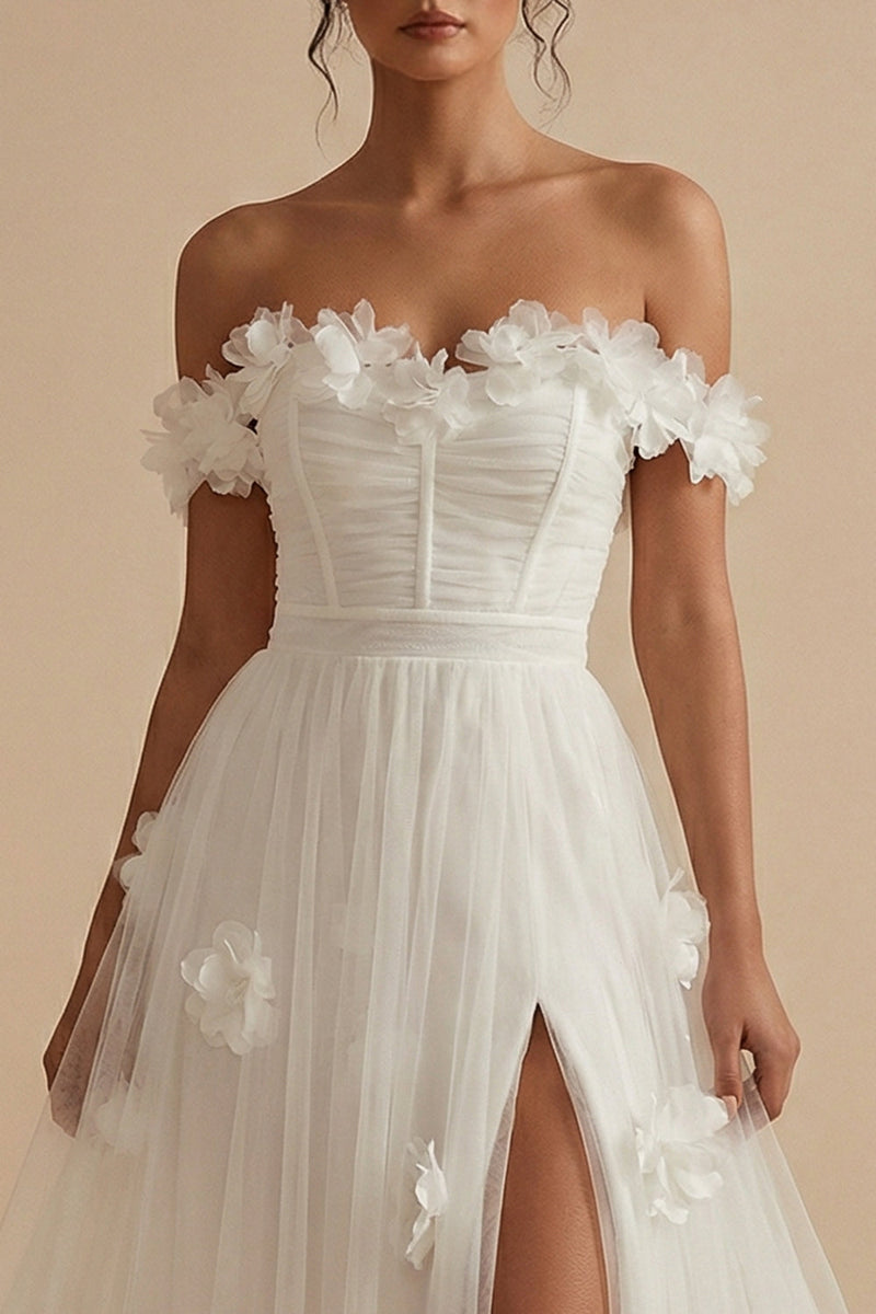 Load image into Gallery viewer, White Off the Shoulder Floral Long Corset Wedding Reception Dress with Slit