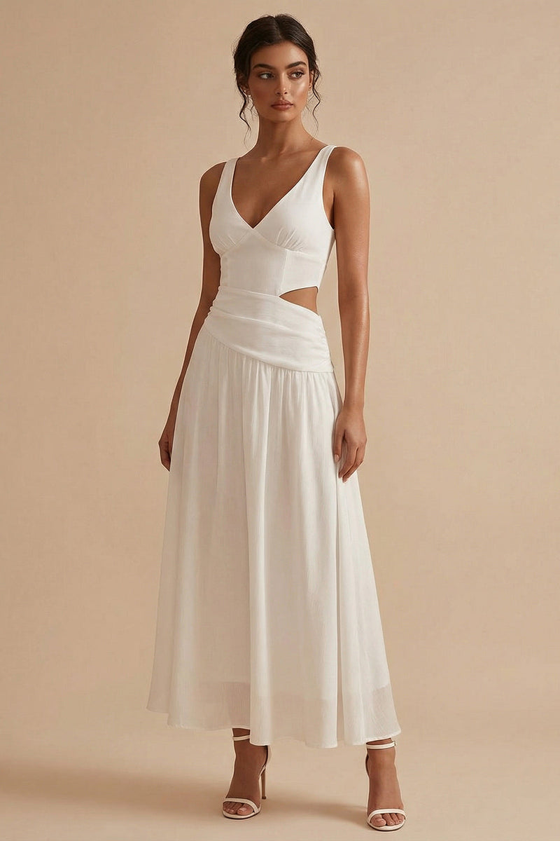 Load image into Gallery viewer, White V Neck A Line Cut Out Maxi Engagement Dress