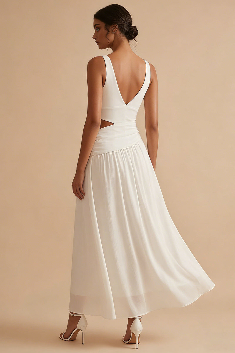 Load image into Gallery viewer, White V Neck A Line Cut Out Maxi Engagement Dress