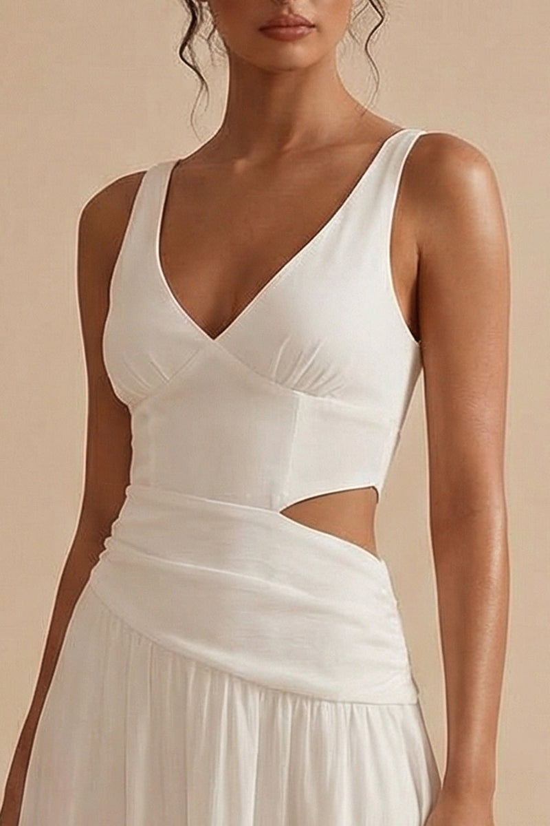 Load image into Gallery viewer, White V Neck A Line Cut Out Maxi Engagement Dress