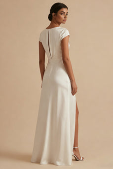 White Cowl Neck Sheath Long Engagement Dress with Slit