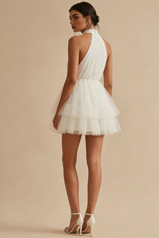 White Tulle A Line Round Neck Short Graduation Dress