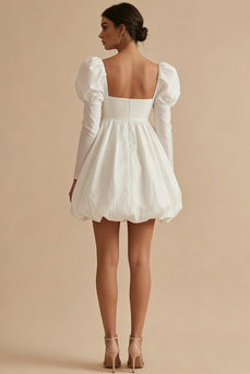 White Square Neck Puff Sleeves Bubble Hem Short A Line Graduation Dress