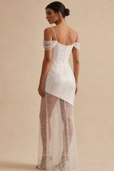 Sparkly White Sheath Cold Shoulder Long Engagement Dress with Sequins