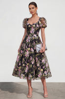 Load image into Gallery viewer, Black Pink Flower Puff Sleeves A Line Maxi Formal Dress