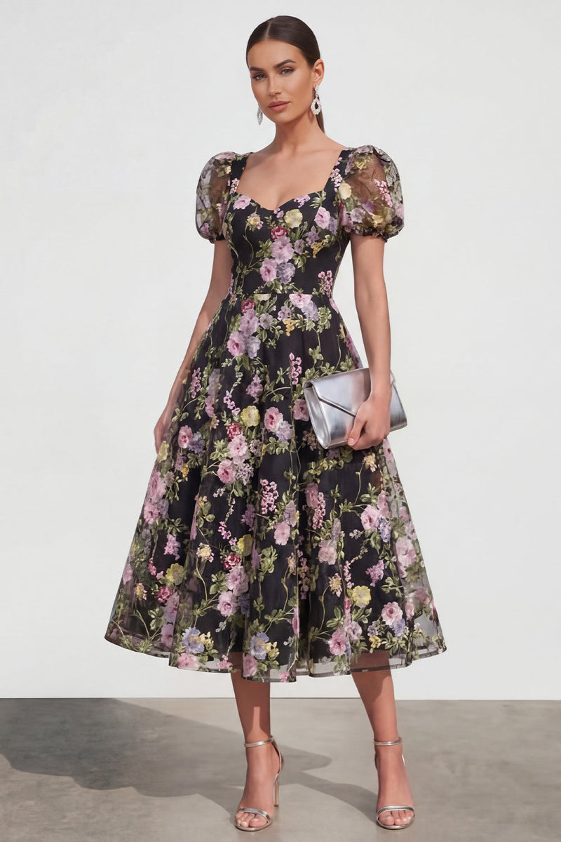 Load image into Gallery viewer, Black Pink Flower Puff Sleeves A Line Maxi Formal Dress