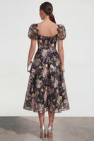 Load image into Gallery viewer, Black Pink Flower Puff Sleeves A Line Maxi Formal Dress