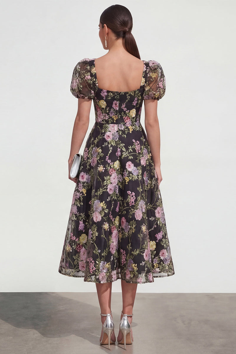Load image into Gallery viewer, Black Pink Flower Puff Sleeves A Line Maxi Formal Dress