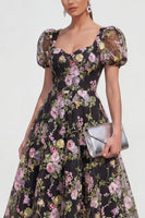 Load image into Gallery viewer, Black Pink Flower Puff Sleeves A Line Maxi Formal Dress