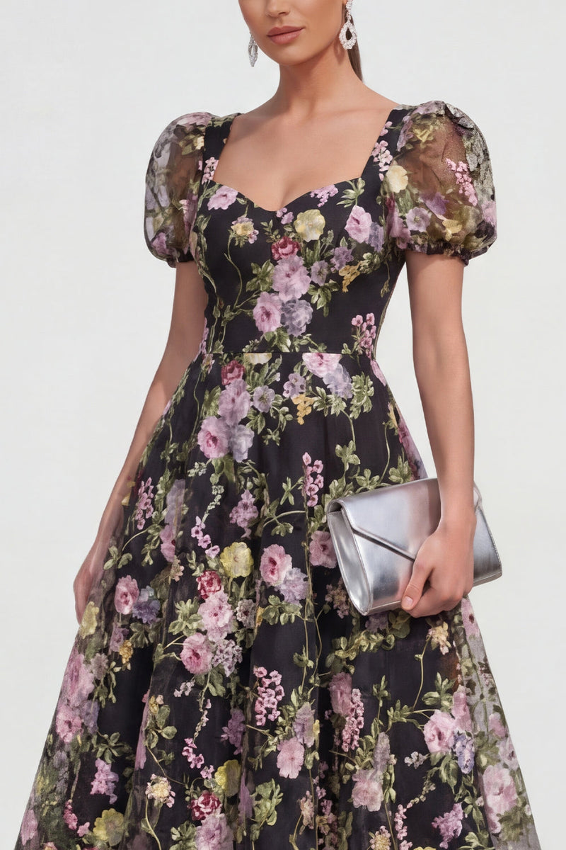 Load image into Gallery viewer, Black Pink Flower Puff Sleeves A Line Maxi Formal Dress