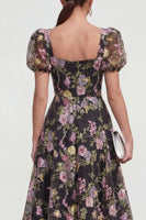 Load image into Gallery viewer, Black Pink Flower Puff Sleeves A Line Maxi Formal Dress