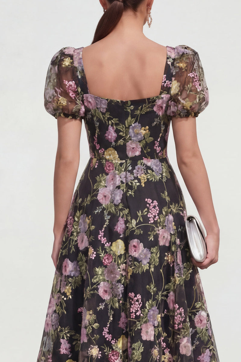 Load image into Gallery viewer, Black Pink Flower Puff Sleeves A Line Maxi Formal Dress