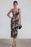 Load image into Gallery viewer, Black Pink Flower Square Neck Bodycon Maxi Formal Dress