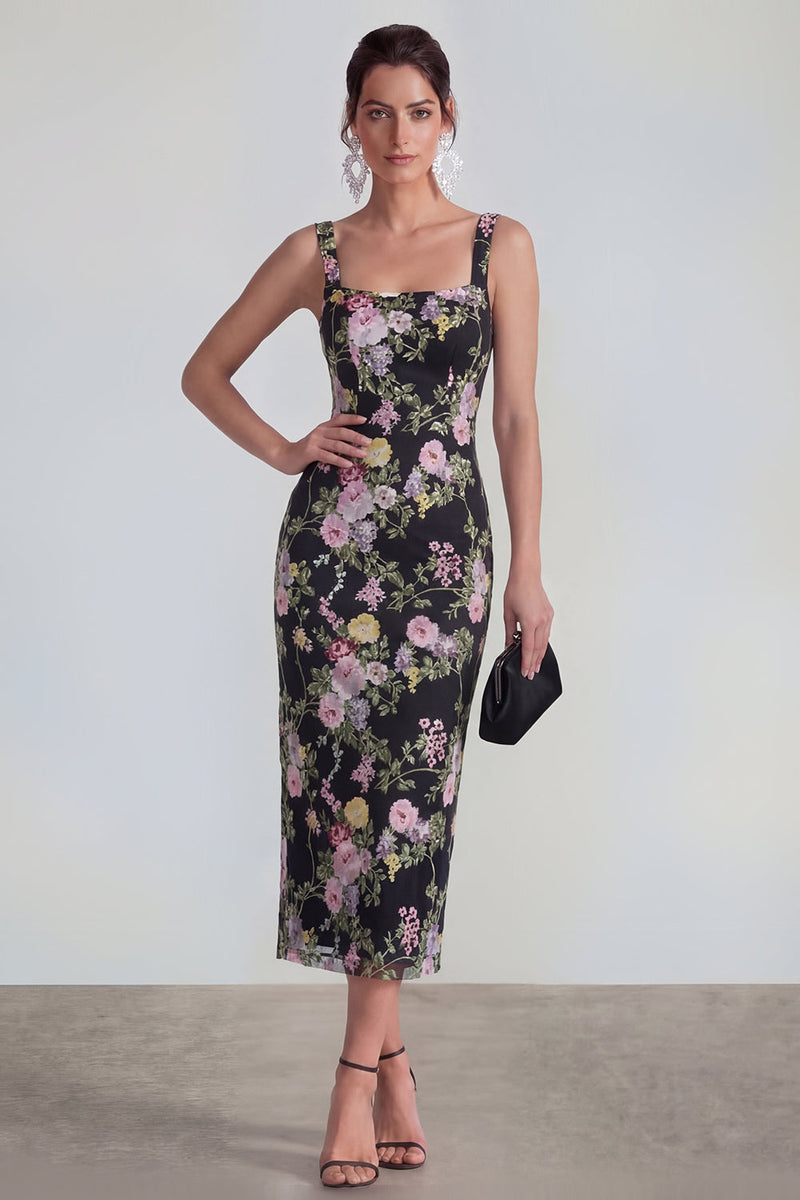 Load image into Gallery viewer, Black Pink Flower Square Neck Bodycon Maxi Formal Dress