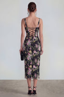 Load image into Gallery viewer, Black Pink Flower Square Neck Bodycon Maxi Formal Dress