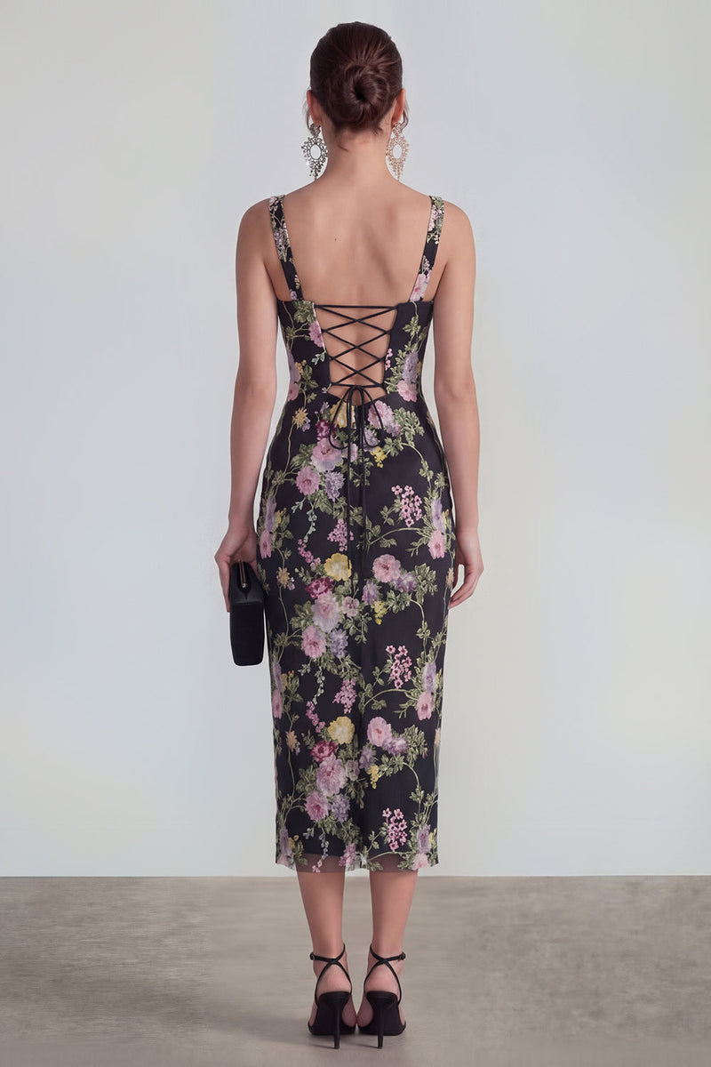 Load image into Gallery viewer, Black Pink Flower Square Neck Bodycon Maxi Formal Dress