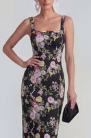 Load image into Gallery viewer, Black Pink Flower Square Neck Bodycon Maxi Formal Dress