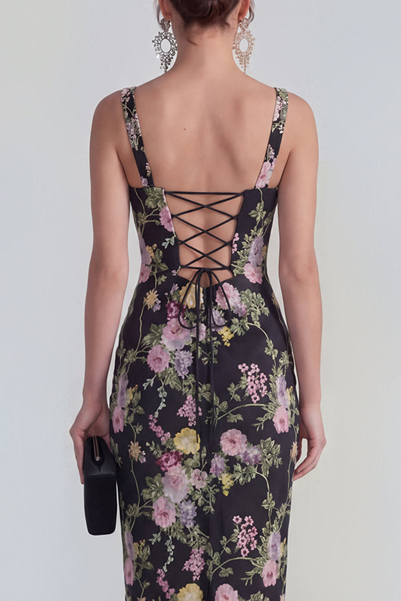 Load image into Gallery viewer, Black Pink Flower Square Neck Bodycon Maxi Formal Dress