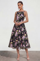 Load image into Gallery viewer, Black Pink Flower Spaghetti Straps A Line Maxi Formal Dress