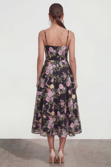 Black Pink Flower Spaghetti Straps A Line Maxi Formal Dress