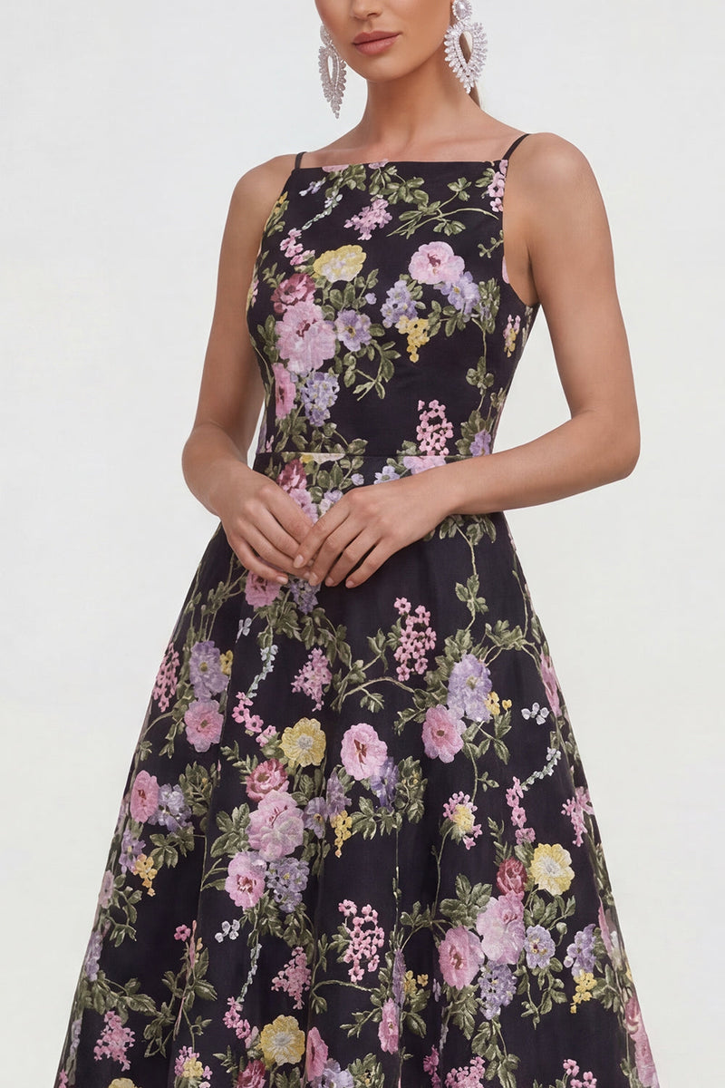 Load image into Gallery viewer, Black Pink Flower Spaghetti Straps A Line Maxi Formal Dress