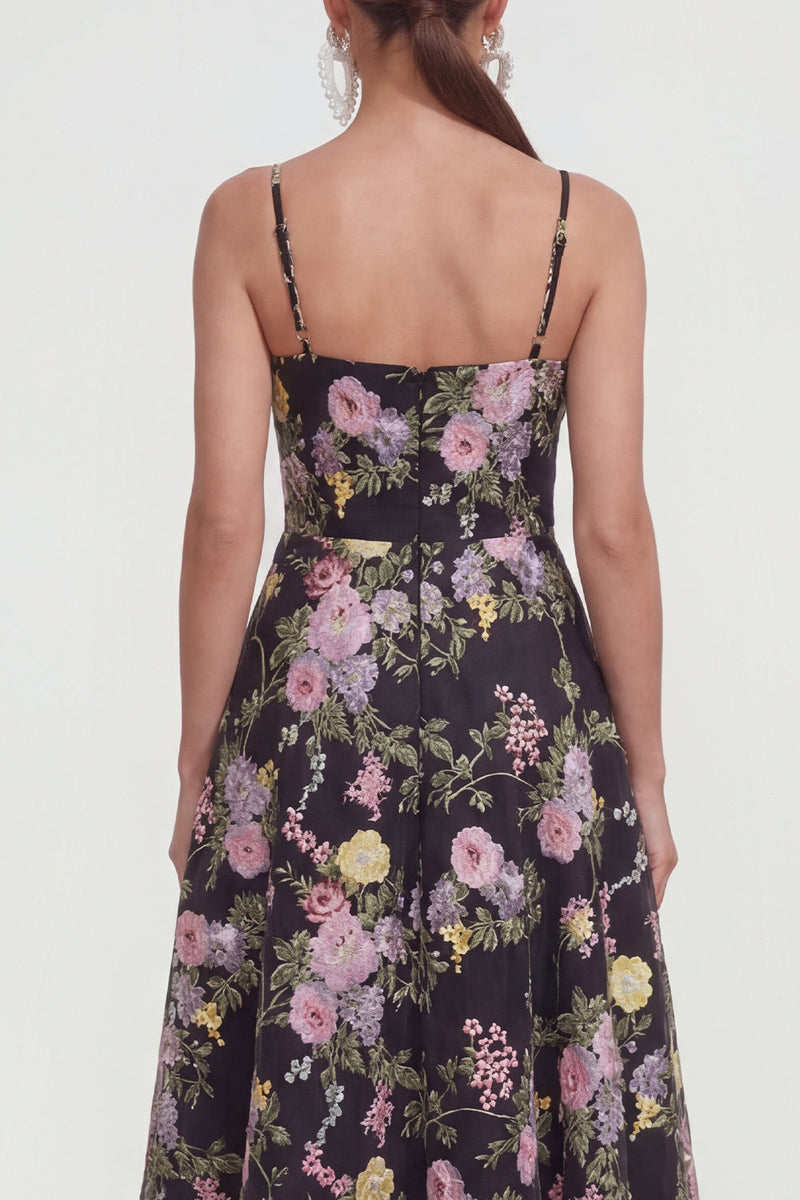Load image into Gallery viewer, Black Pink Flower Spaghetti Straps A Line Maxi Formal Dress
