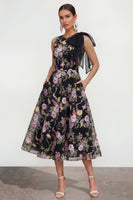 Load image into Gallery viewer, Black Pink Flower Maxi A Line Formal Dress with Pockets